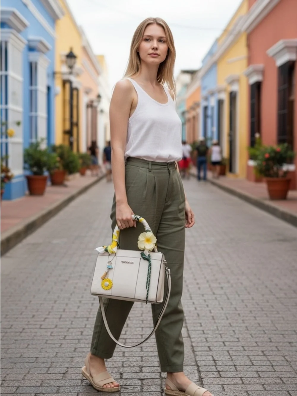 White Floral-Accent Satchel Bag
